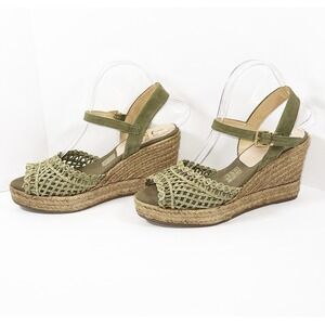 Kanna Espadrille Wedge Sandal Olive Green Woven Raffia Crochet Ankle Strap 40/9